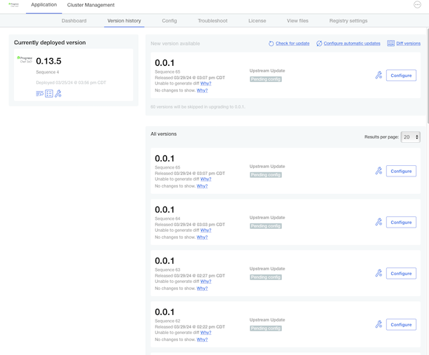 Version history pane showing installed and deployed versions of Chef 360 Platform.