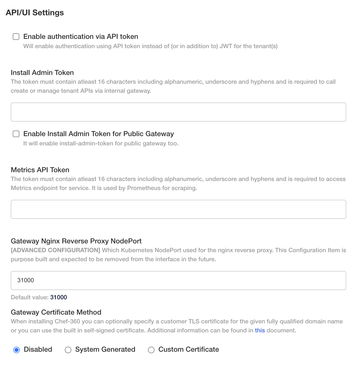 “UI showing fields for entering the Gateway NodePort, the Gateway Certificate Method, and optional fields for entering a private key and certificate.”