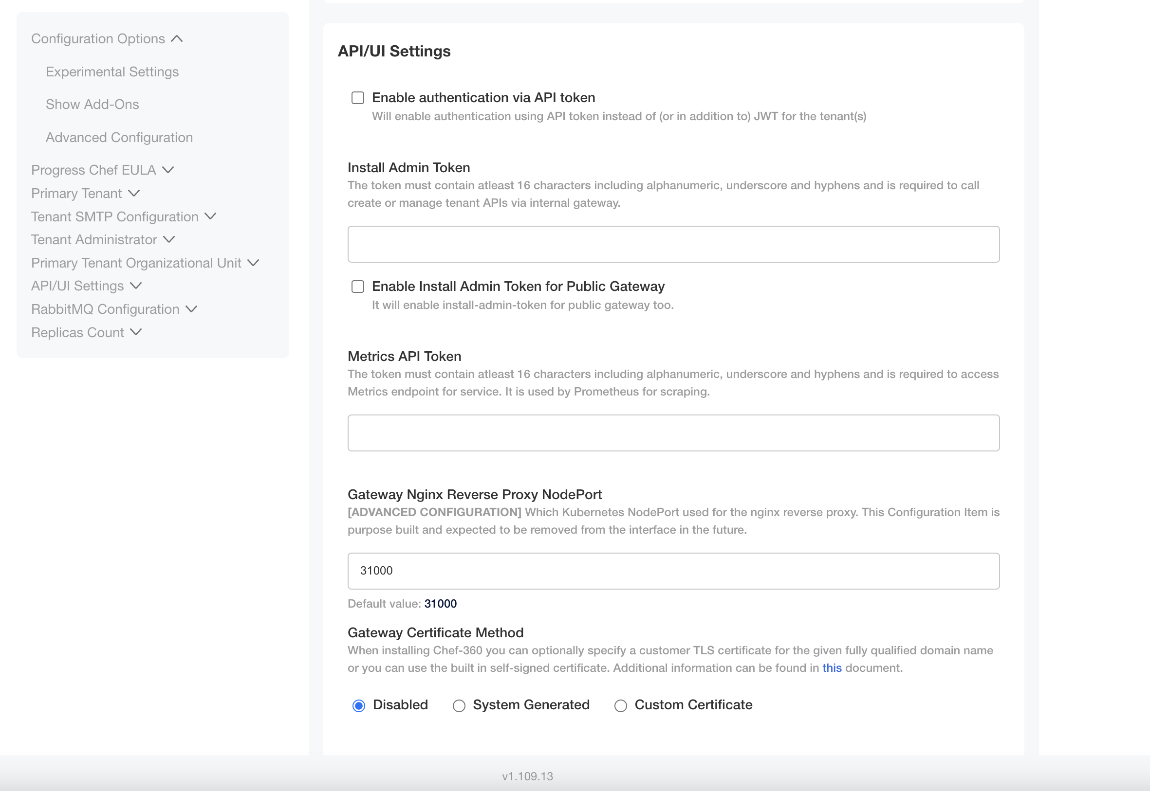 The API/UI Settings showing the Metrics APIs Token field.