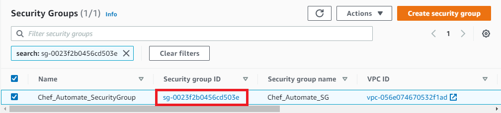 Locate and copy your security group ID from the second column