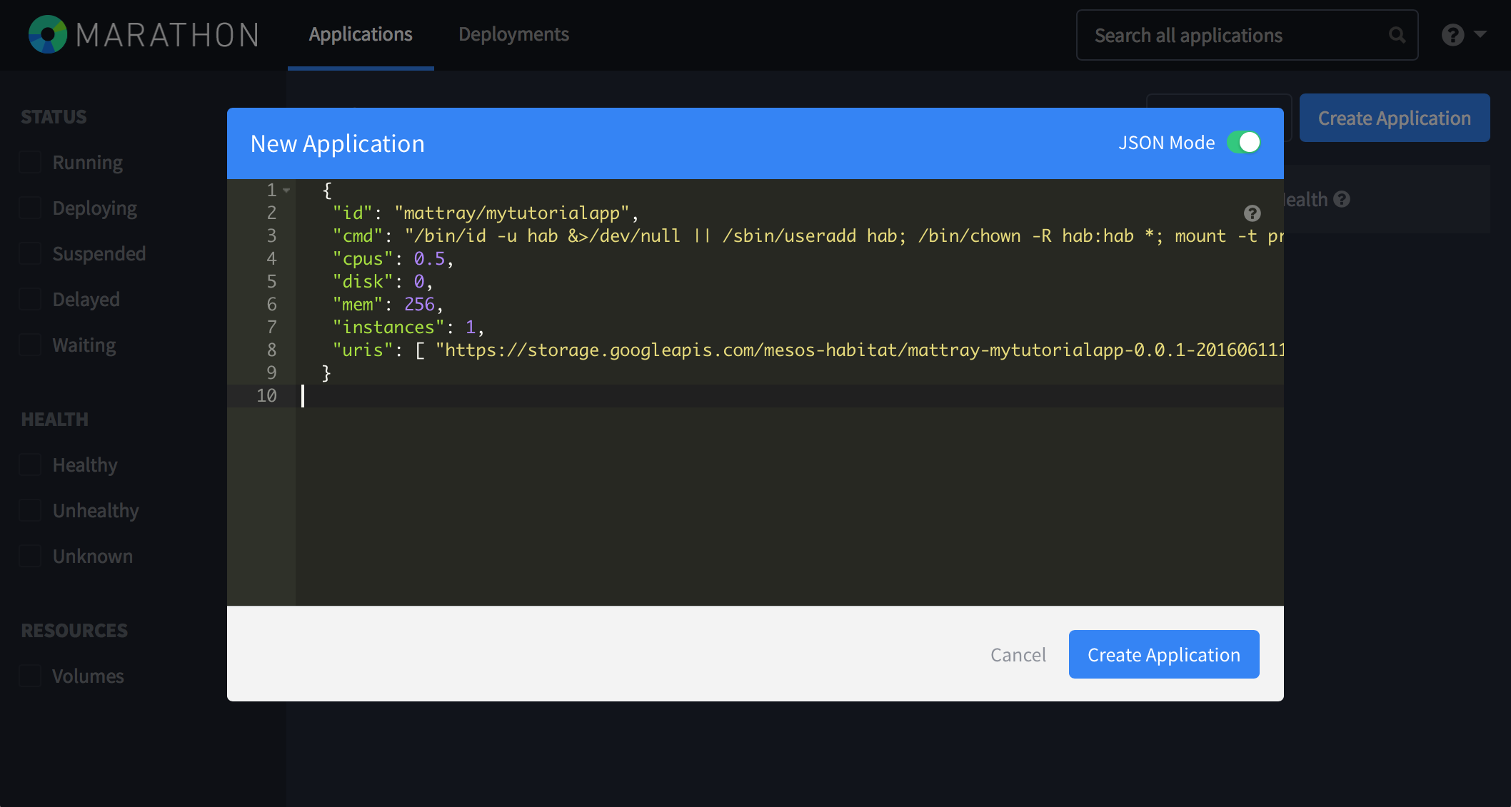 Screen shot of Marathon New Application JSON Mode